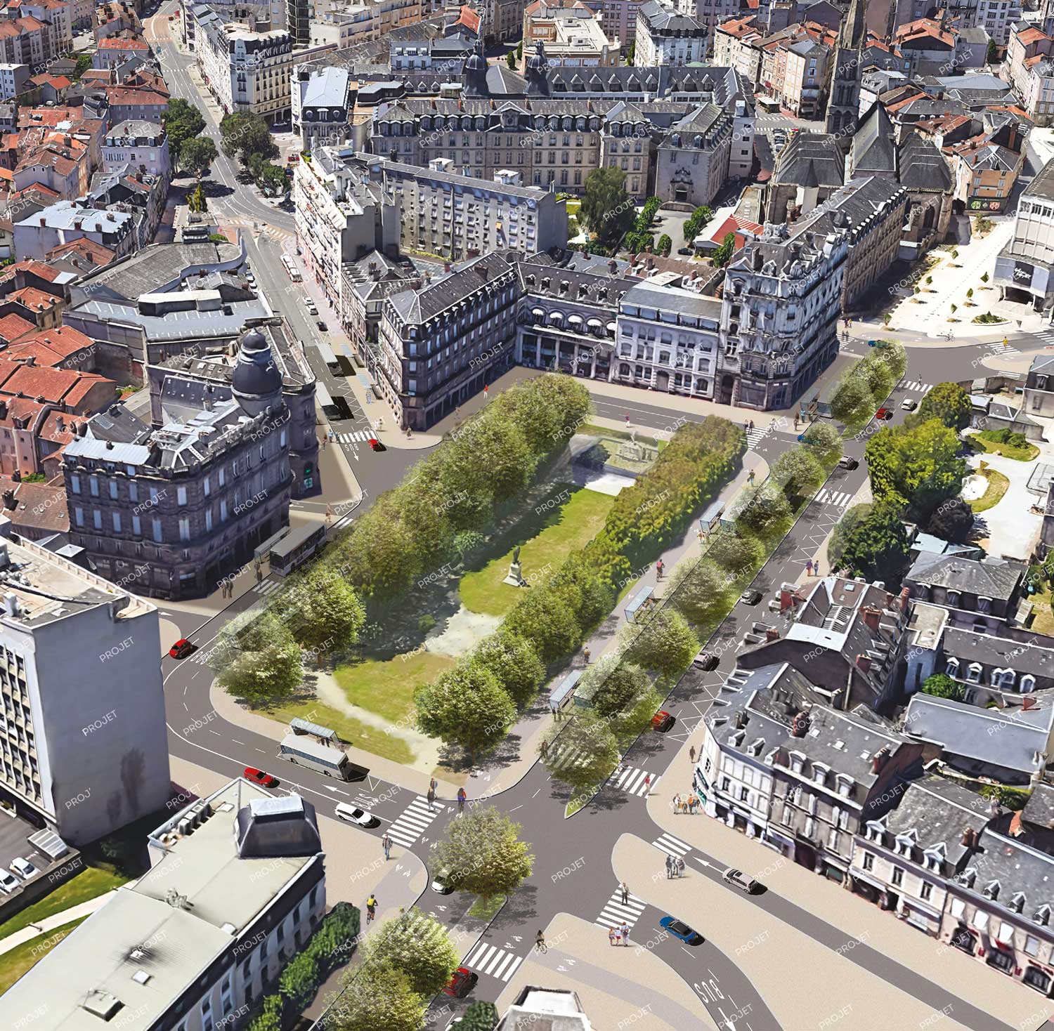 Demain, hypothèse d’aménagement de la place Jourdan, Limoges Métropole / Egis, 2024 (image non contractuelle)